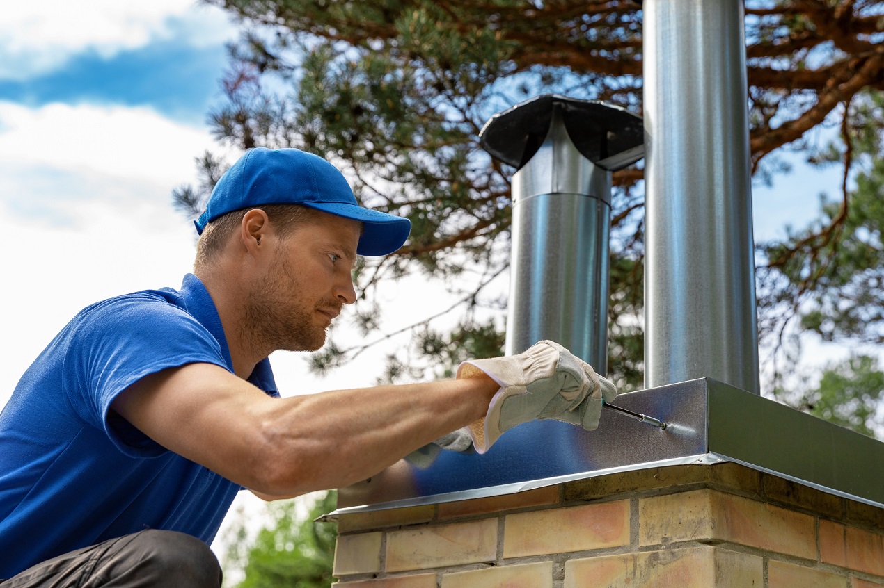 Mężczyzna instaluje stalowy komin na dachu domu jednerodzinnego